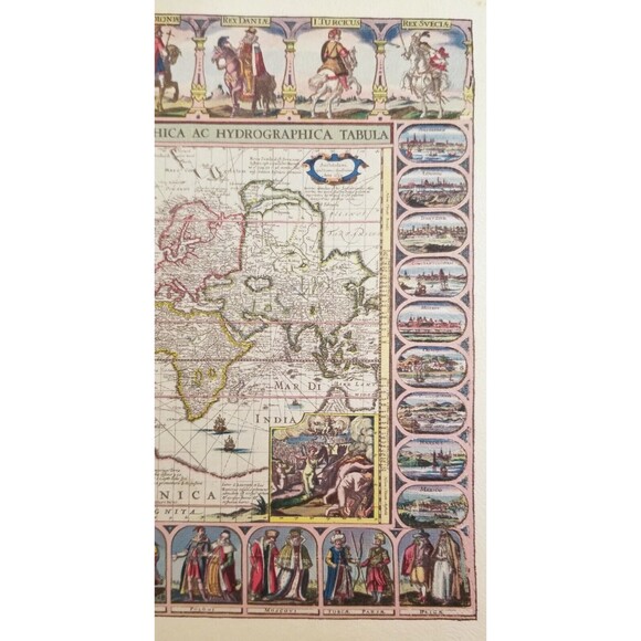 World Map by Jansson 1632 Mid Century Repro Donald Art Co 11"x14"Paper On Board - Picture 3 of 6